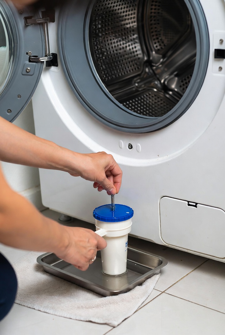 Hands clearing a washing machine drain pump filter