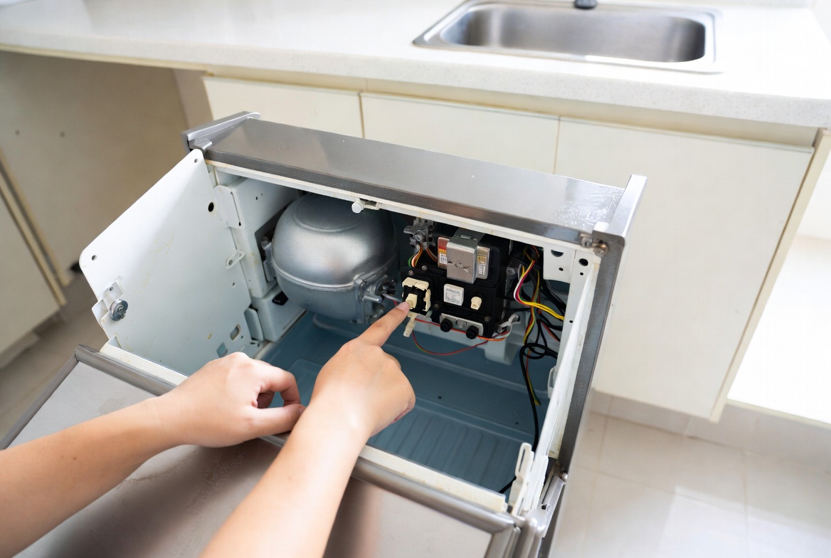 Refrigerator pulled out with rear panel open during a repair