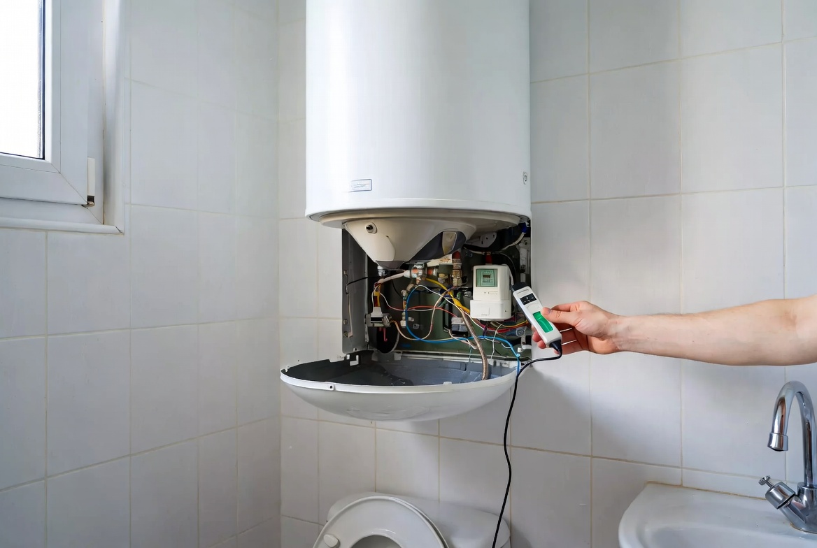 Storage water heater with terminal cover open for a thermostat repair